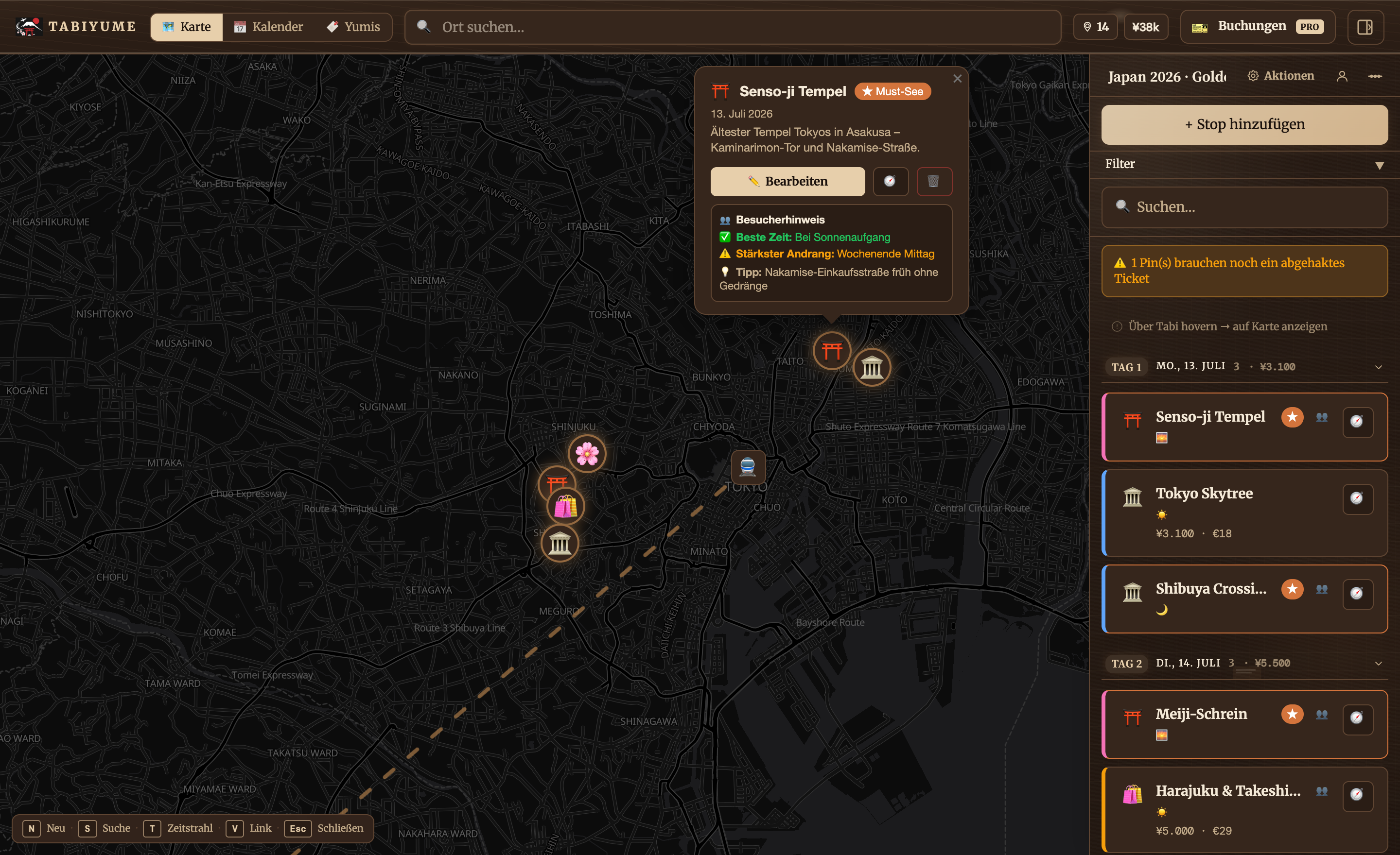 Tabiyume App – interactive map with pins and sidebar