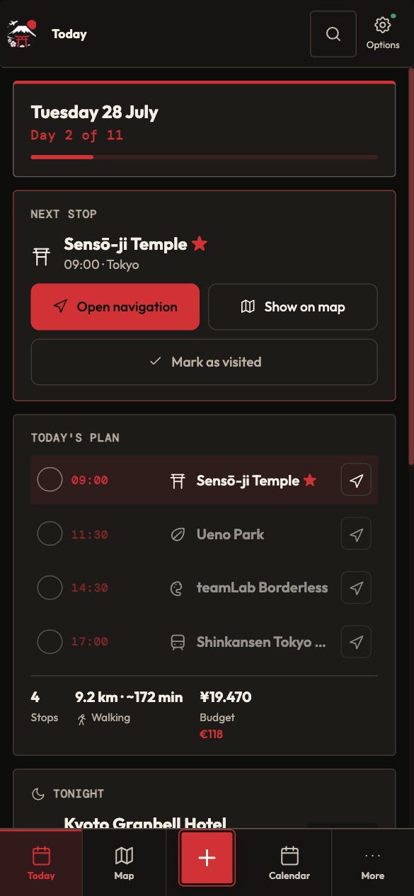 Mobile day view with the next Tabi, navigation and day plan