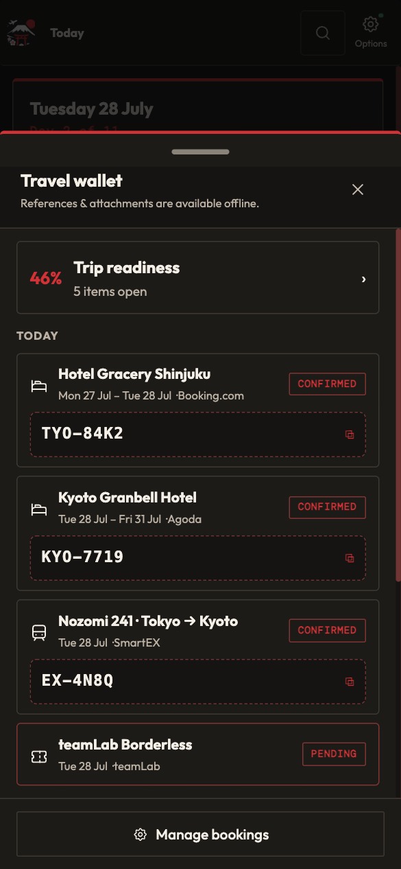 Booking documents available offline on a phone