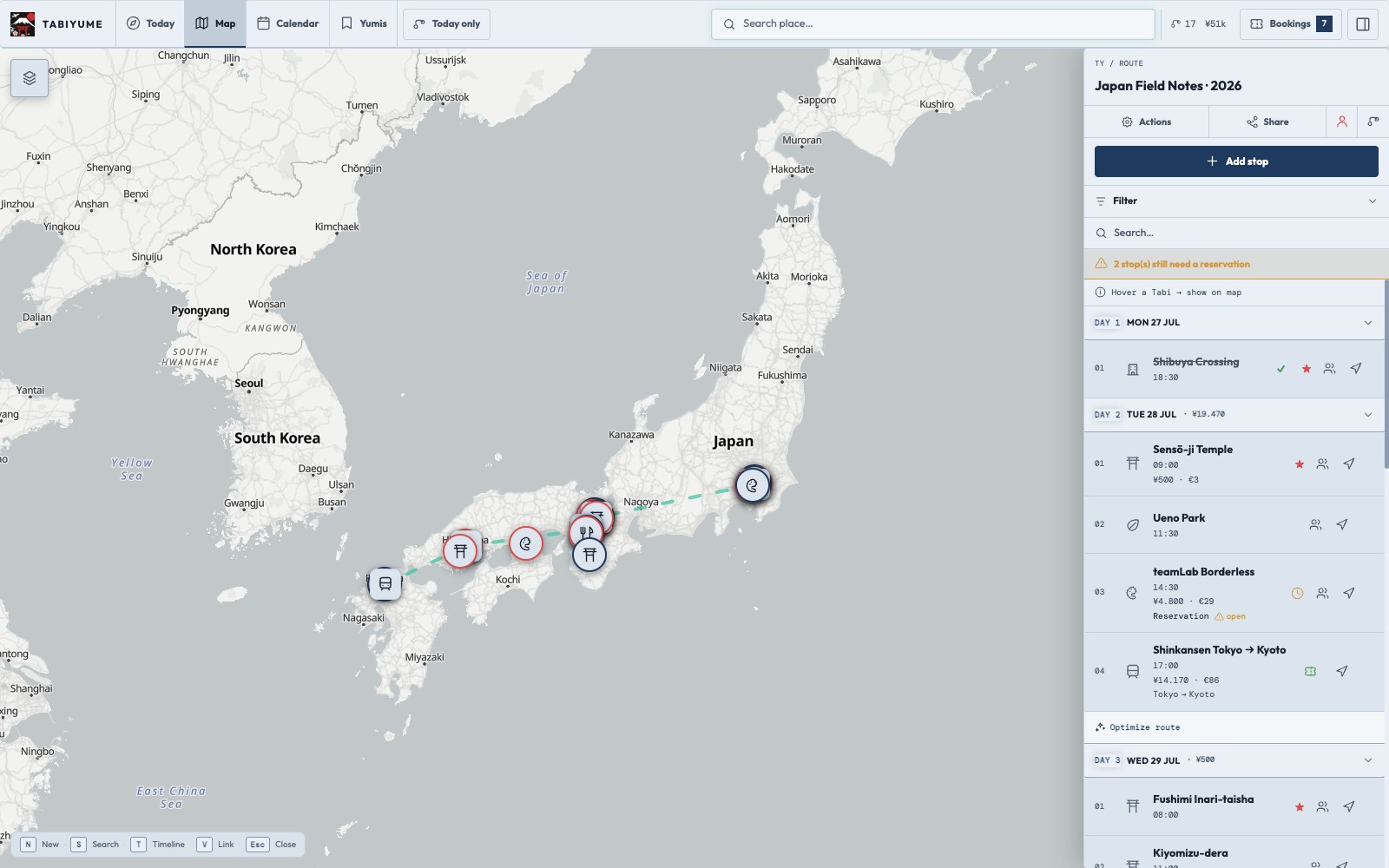 Wide desktop route planning in the light Imari theme with map and timeline