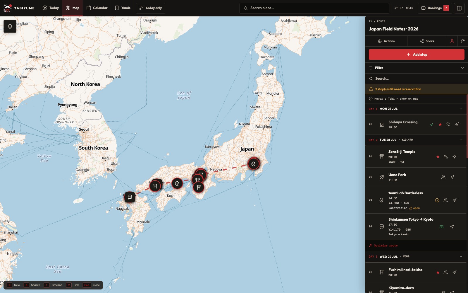 Tabiyume desktop planning with a map and complete Japan itinerary