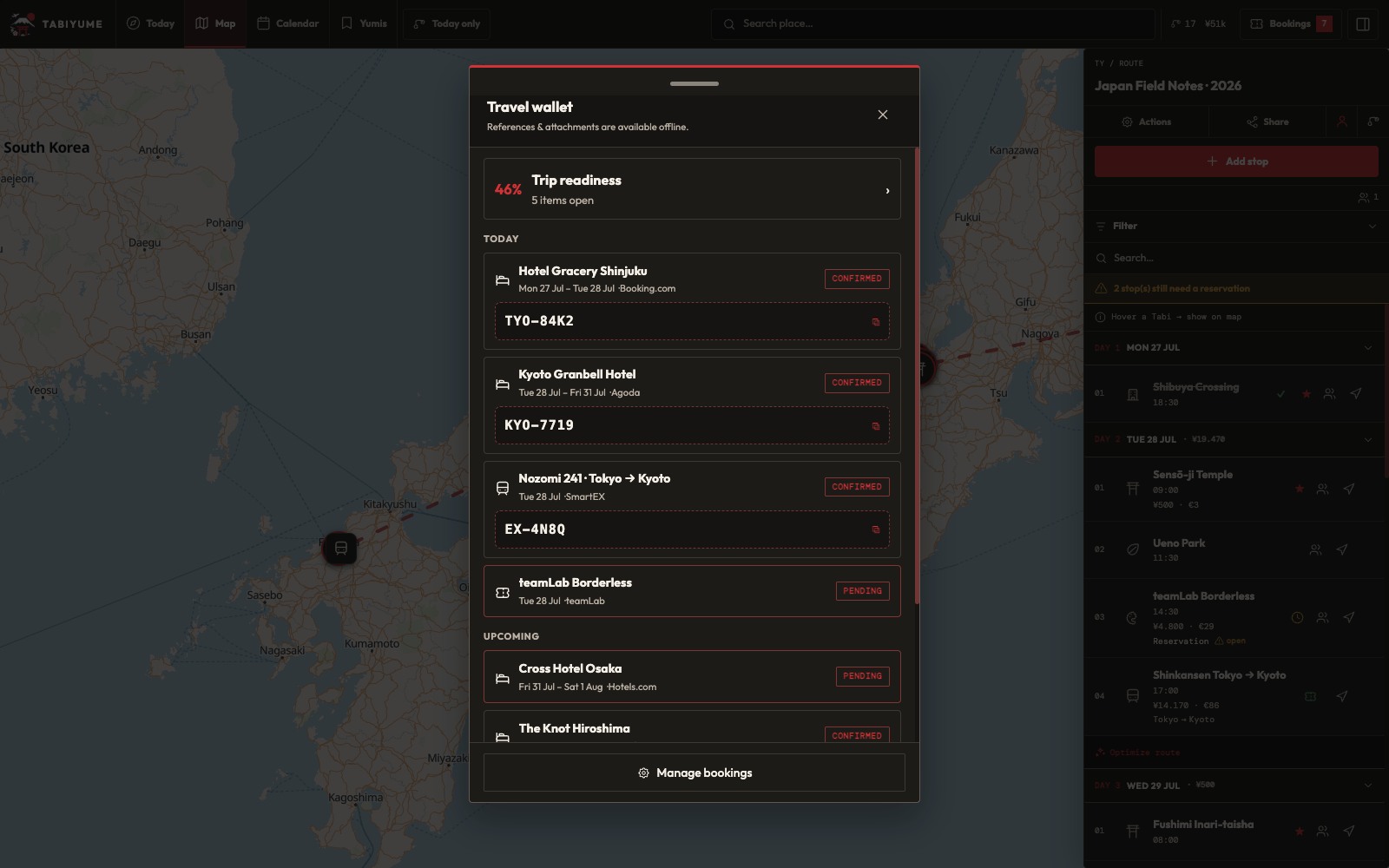 Tabiyume wallet with booking documents available offline